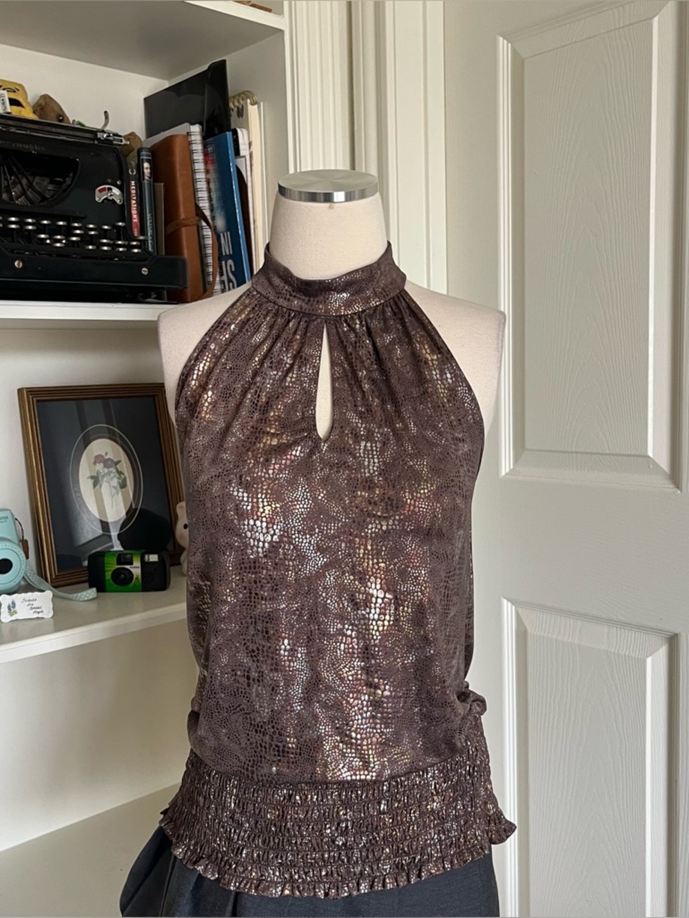 Y2K Cato brown metallic snakeskin print halter top with keyhole detail.